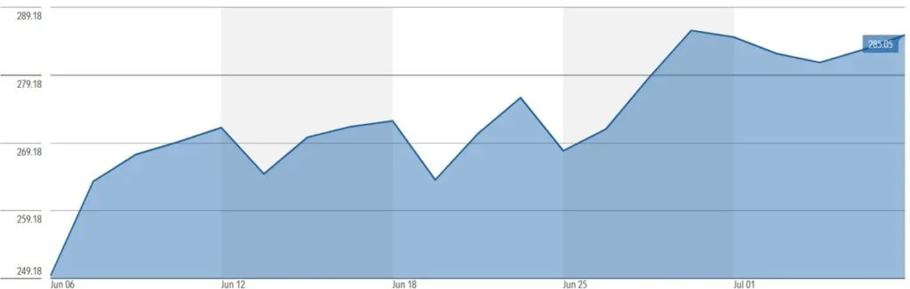 A graph showing Flutter Entertainment PLC (FLUT) share prices on the New York Stock Exchange over the past month.