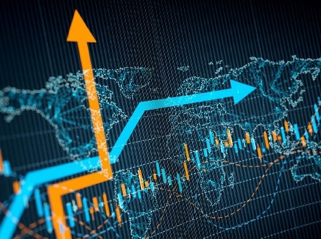 An upward market trend line overlaid on a world map