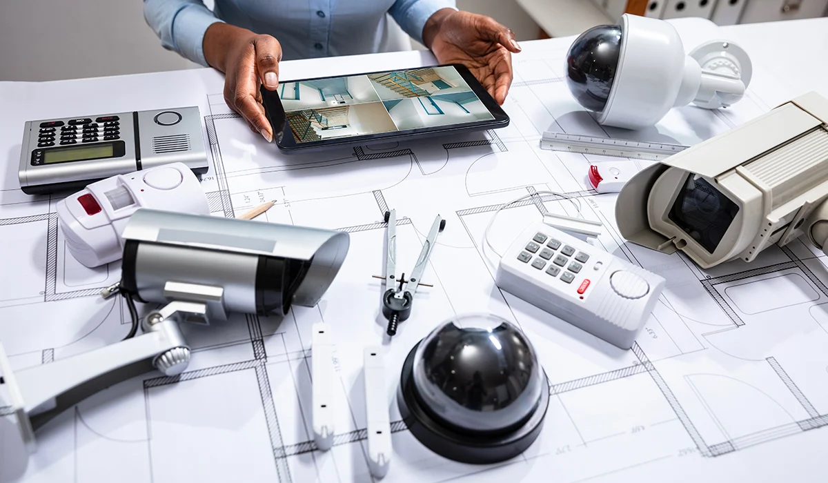 Security cameras and access-control hardware laid out over building plans